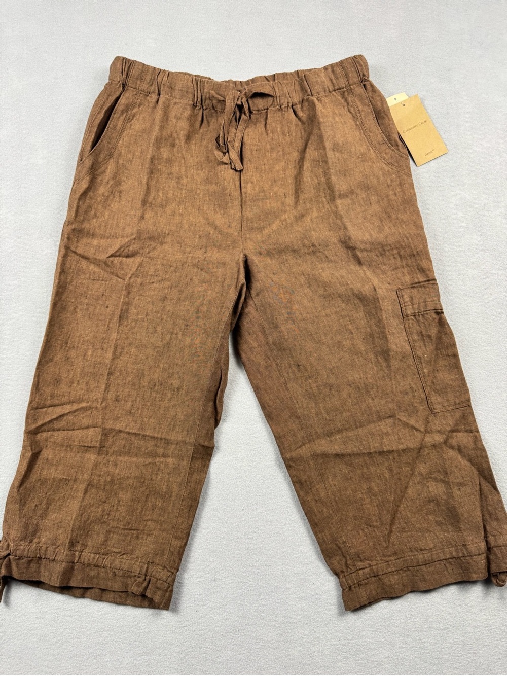 Coldwater Creek Brown Linen Pull On Crop Pant Women 10P Drawstring Pockets